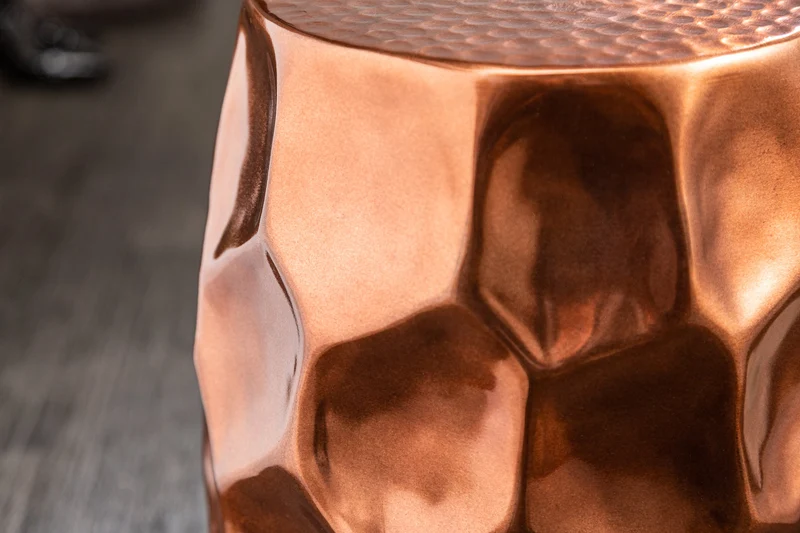 Table d'appoint artisanale ORGANIC ORIENT 50cm métal cuivré martelé design nid d'abeille ronde