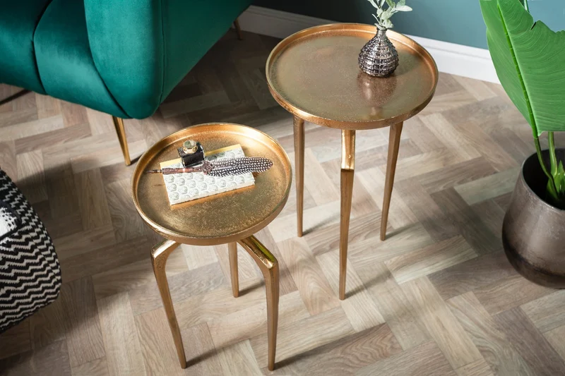 Lot de 2 tables d'appoint ABSTRACT 60cm métal doré rondes design Shabby Chic