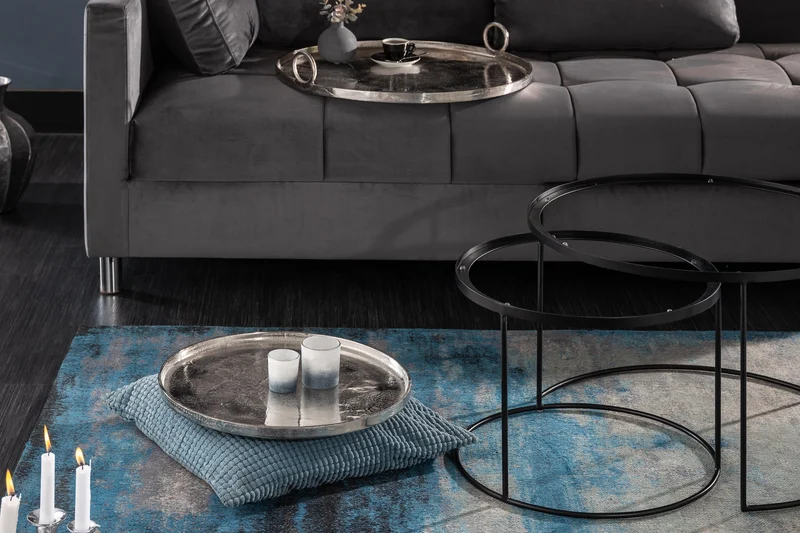 Lot de 2 tables basses rondes ELEMENTS 65cm plateau métal noir argenté table d'appoint