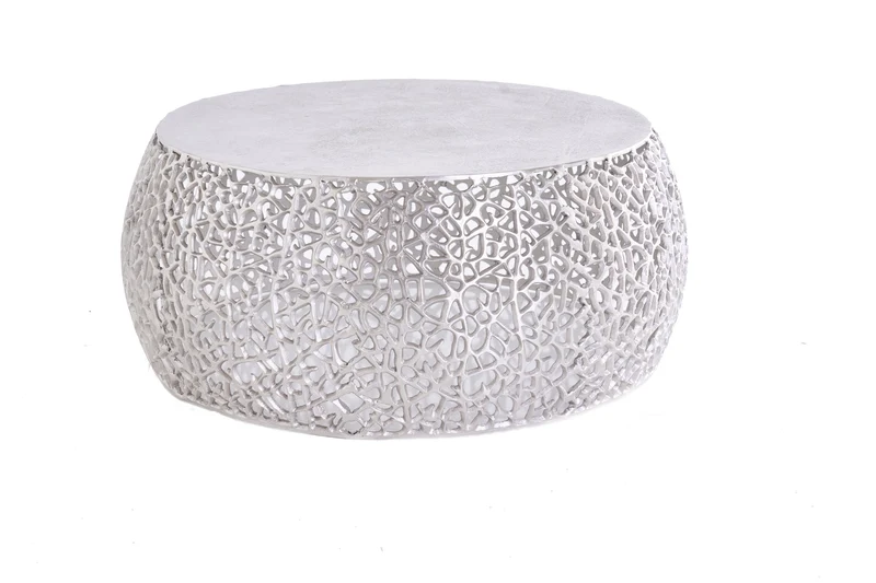 Table basse ronde ABSTRACT LEAF 75cm argent antique métal filigrane artisanat