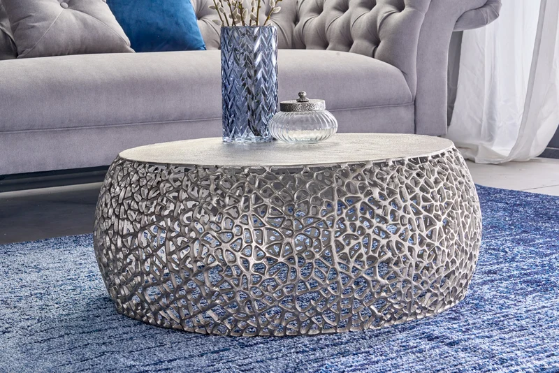 Table basse ronde ABSTRACT LEAF 75cm argent antique métal filigrane artisanat