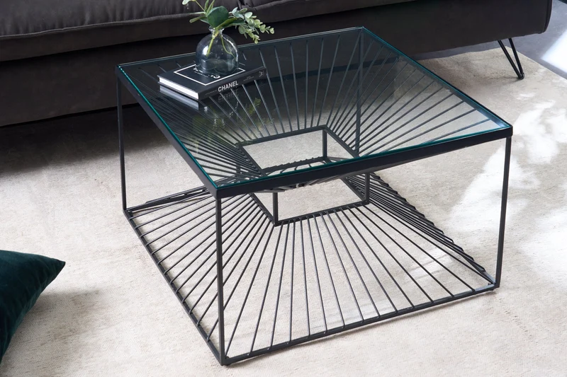Table basse abstraite ILLUSION 60cm métal noir verre fait main design moderne