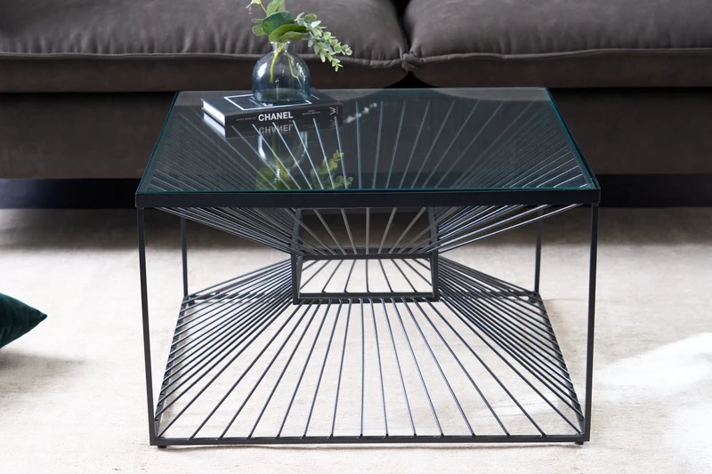 Table basse abstraite ILLUSION 60cm métal noir verre fait main design moderne