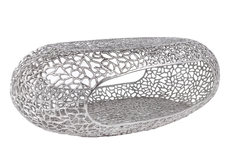 Table basse artisanale ORGANIC 120cm design feuille métal argenté avec espace de rangement