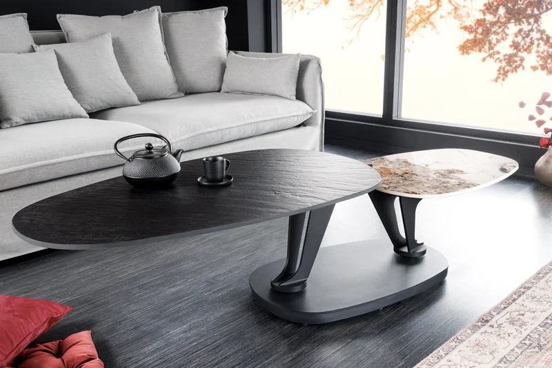 Table basse design MOVEMENT noire ronde rotative Pandora en céramique avec structure en métal