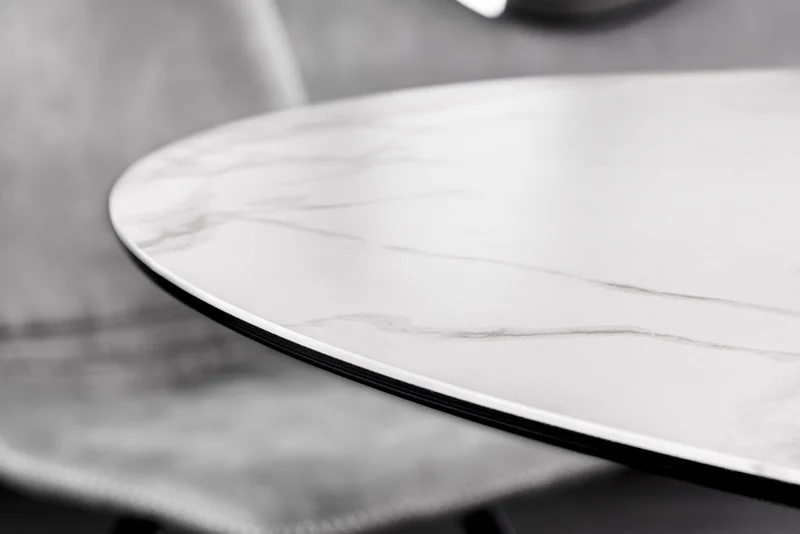 Table à manger ronde ALPINE 120cm marbre blanc céramique structure métal noir