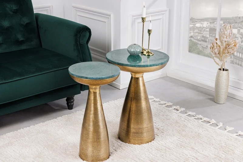 Table d'appoint ronde ELEMENTS 55 cm en marbre vert doré faite main