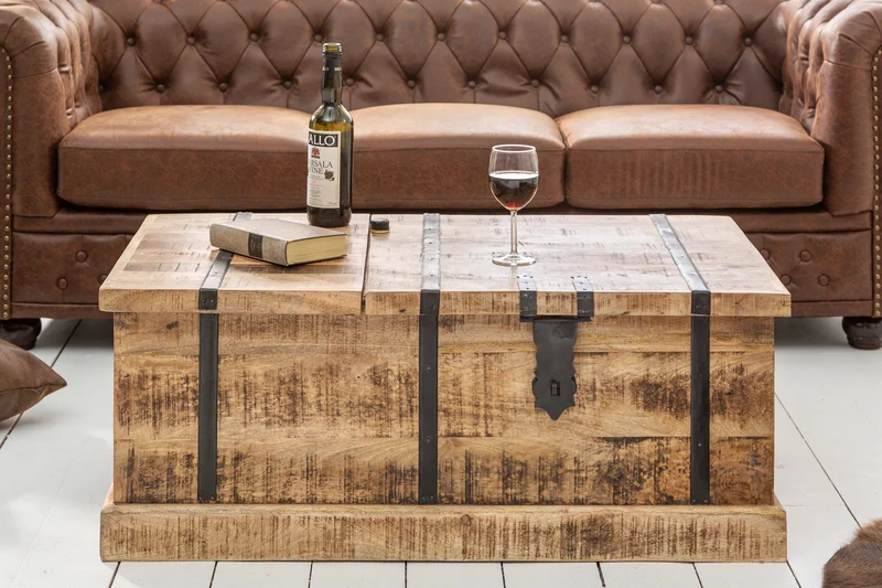 Table basse en bois massif BODEGA 100 cm, coffre de bar en bois de manguier avec espace de rangement