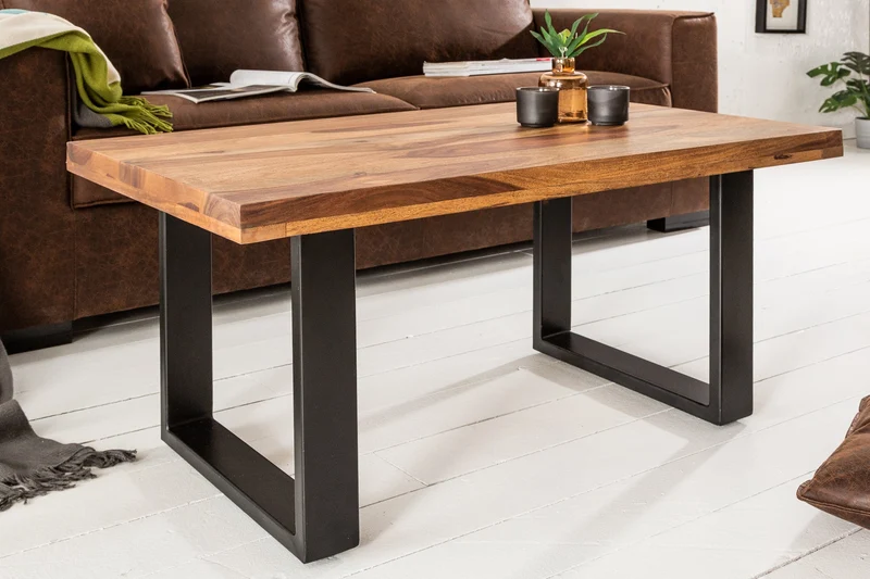 Table basse en bois massif IRON CRAFT 100cm finition pierre de Sheesham marron Design industriel