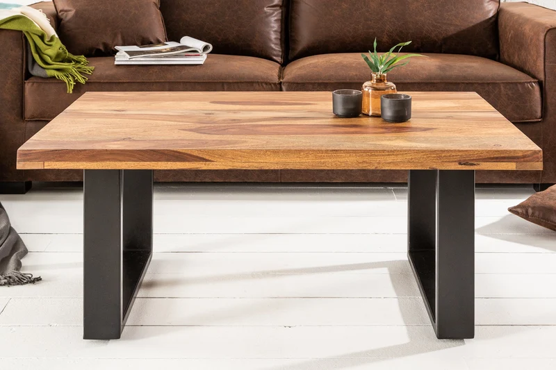 Table basse en bois massif IRON CRAFT 100cm finition pierre de Sheesham marron Design industriel