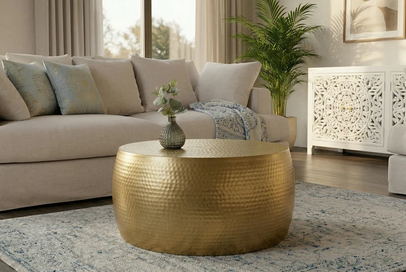 Table basse ronde ORIENT III 60cm métal doré martelé design fait main