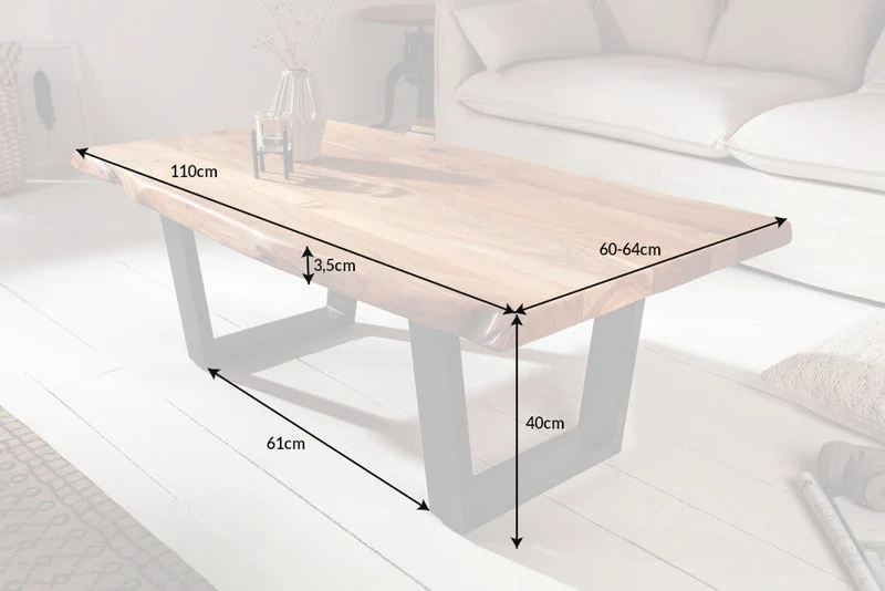 Table basse tronc d'arbre en bois massif MAMMUT 110cm acacia structure métal noir plateau 3,5cm