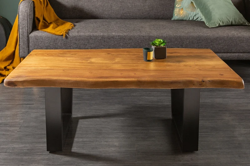 Table basse tronc d'arbre en bois massif MAMMUT 110cm acacia structure métal noir plateau 3,5cm