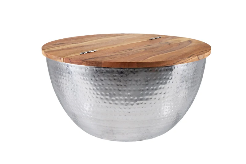Table basse ronde ORIENT STORAGE 60cm en bois d'acacia argenté avec espace de rangement martelé fait main