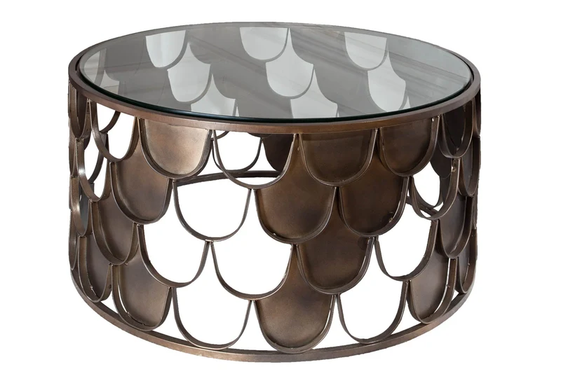 Table basse ronde ABSTRACT 60cm laiton antique métal verre design industriel écailles de poisson