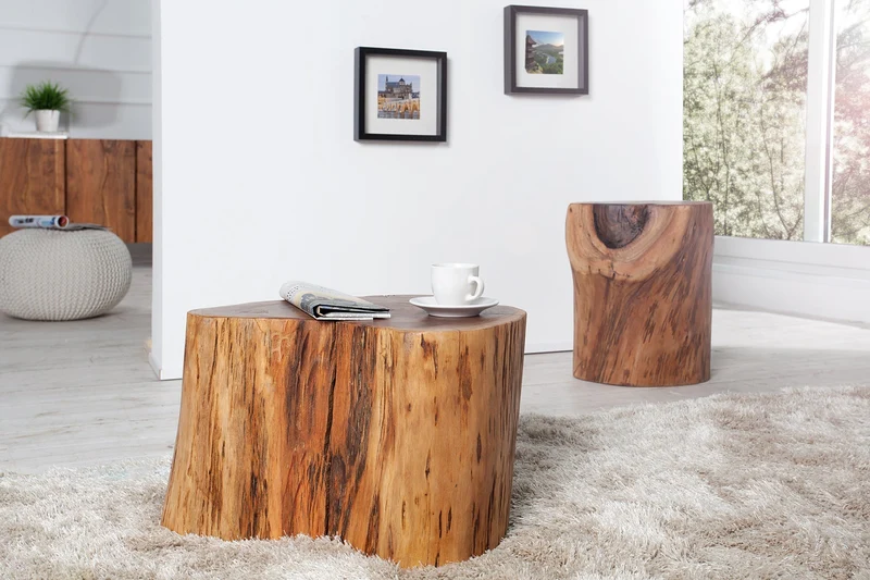 Lot de 2x Table basse en bois massif GOA 50cm tabouret en tronc d’arbre d’acacia table d’appoint fait main