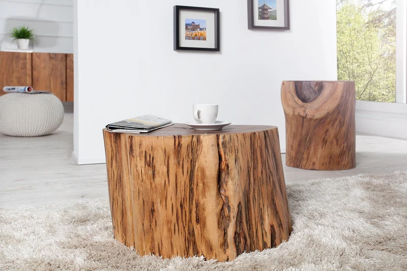 Lot de 2x Table basse en bois massif GOA 50cm tabouret en tronc d’arbre d’acacia table d’appoint fait main