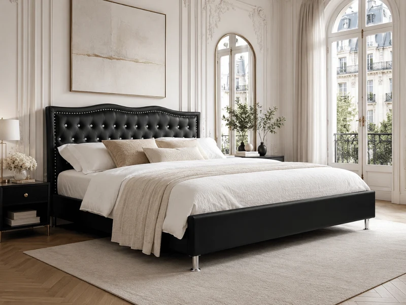 Lit capitonné Majestic en similicuir – tête de lit ondulée avec strass et clous décoratifs