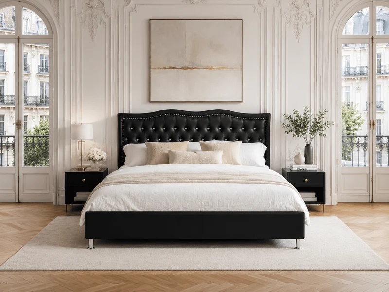 Lit capitonné Majestic en similicuir – tête de lit ondulée avec strass et clous décoratifs