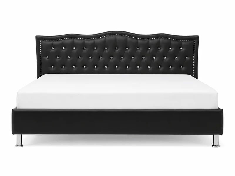 Lit capitonné Majestic en similicuir – tête de lit ondulée avec strass et clous décoratifs