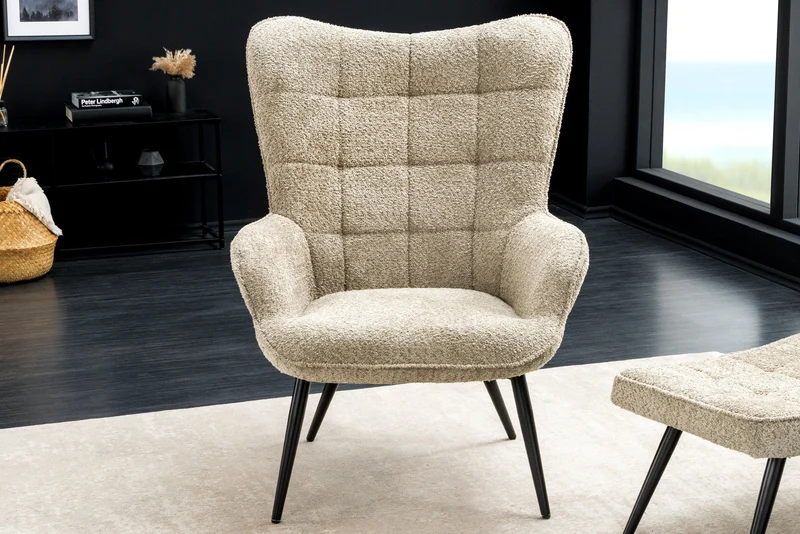 Fauteuil moderne SCANDINAVIA champagne grège Bouclé avec accoudoirs
