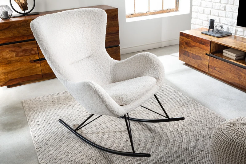 Fauteuil à bascule design SCANDINAVIA SWING blanc bouclé fauteuil métal noir