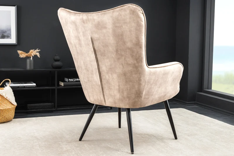 Fauteuil moderne SCANDINAVIA velours beige champagne pieds métal noir avec accoudoirs