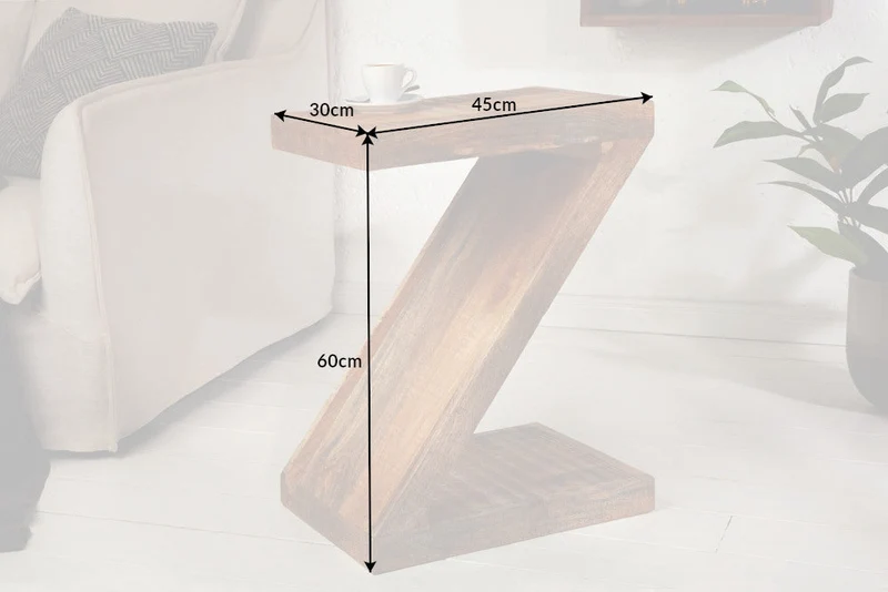 Table d'appoint massive Z 45 cm en bois de manguier en forme de Z faite à la main