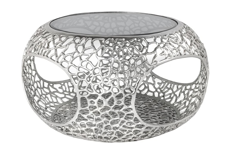 Table basse ronde SPIN 75cm argent noir verre métal avec espace de rangement fait main
