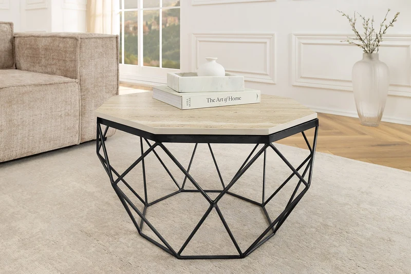 Table basse artisanale DIAMOND 70cm beige travertin fer noir