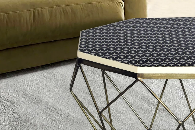 Table basse en marqueterie d'os DIAMOND 70 cm, noir et blanc, incrustation de laiton, artisanat