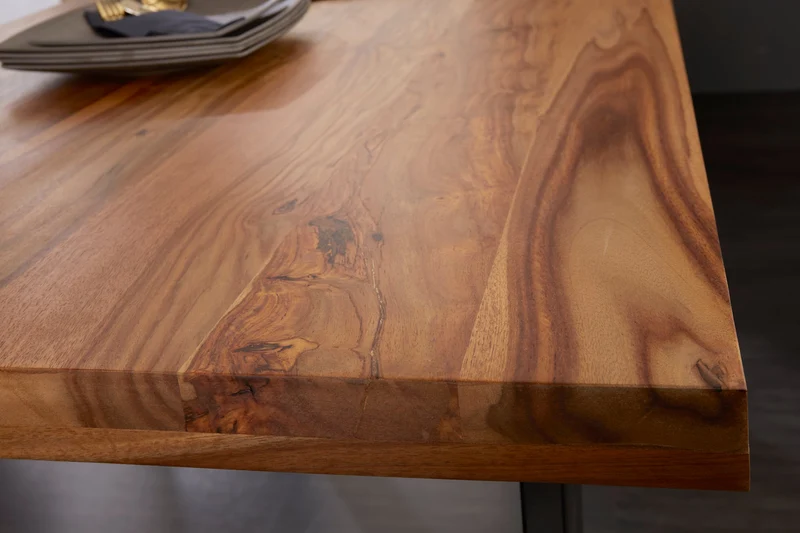 Table à manger en bois massif IRON CRAFT 160 cm marron noir finition pierre de Sheesham Industriel
