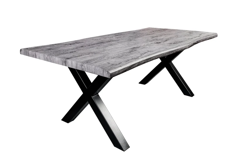 Table à manger industrielle WILD 160 cm chêne sauvage gris cérusé, bord d'arbre, cadre en X noir