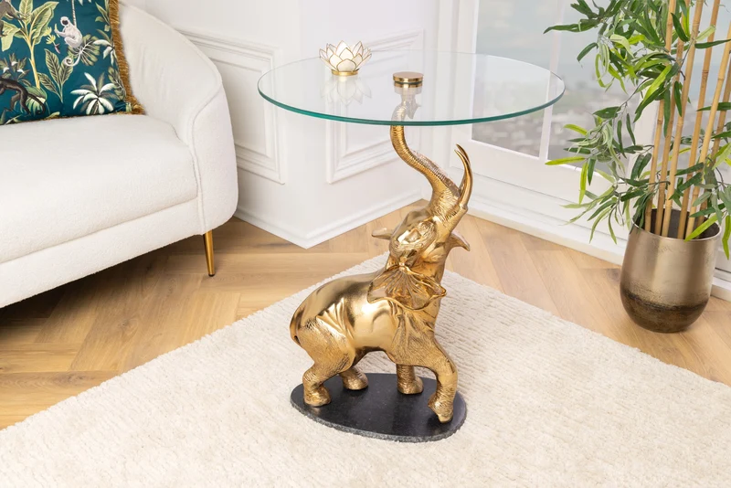 Table d'appoint ronde ELEPHANT 80cm métal doré verre marbre sculpture fait main