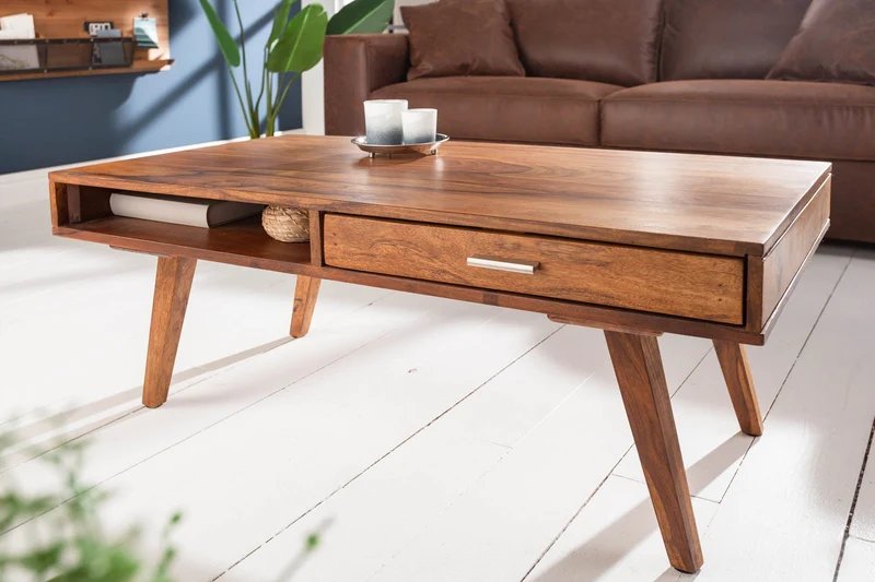 Table basse en bois massif RETRO 100cm marron finition pierre de Sheesham tiroirs fait main