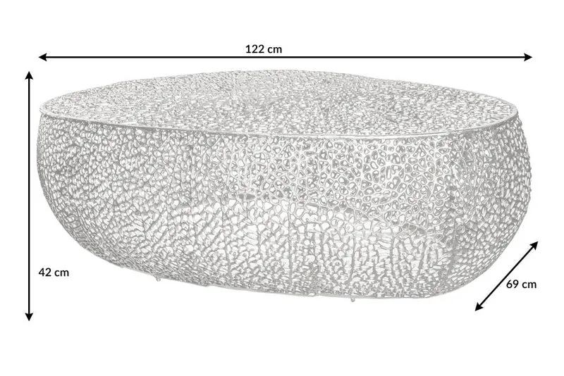 Table basse design filigrane ABSTRACT LEAF 120cm argent fait main