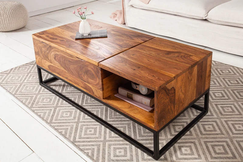 Table basse réglable en hauteur MAKASSAR FUNCTION 110cm en bois massif de Sheesham marron finition pierre