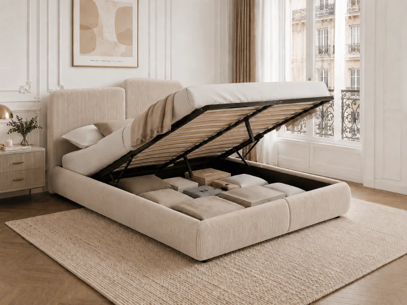 Lit coffre Romane – Tête de lit moderne asymétrique et grand rangement