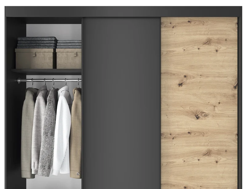 Armoire Dressing Coulissante 120 & 180 cm avec Miroir – Décor Chêne Artisan & Structure Noir Mat - VARELLA