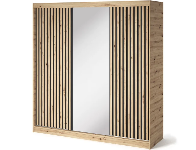 Armoire Dressing Coulissante 120 / 180 cm avec Miroir – Décor Chêne Artisan & Façades Lattes Modernes - LIGNARO