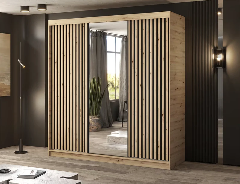 Armoire Dressing Coulissante 120 / 180 cm avec Miroir – Décor Chêne Artisan & Façades Lattes Modernes - LIGNARO