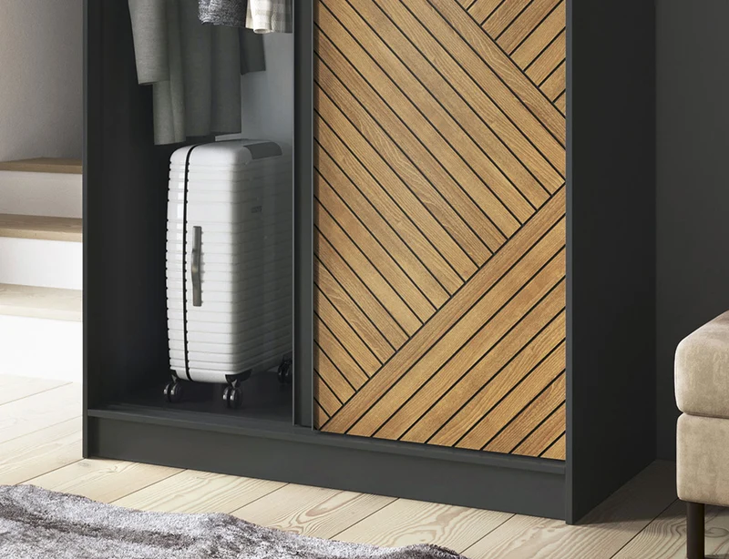 Armoire Dressing Coulissante 120 & 180 cm – Noir & Chêne Caramel – Miroir en option – CARVANO