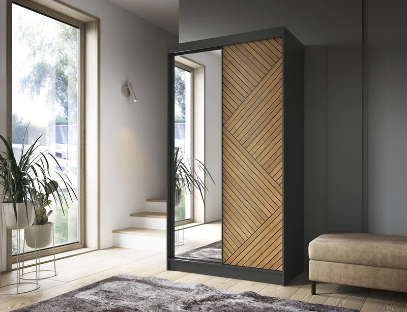 Armoire Dressing Coulissante 120 & 180 cm – Noir & Chêne Caramel – Miroir en option – CARVANO