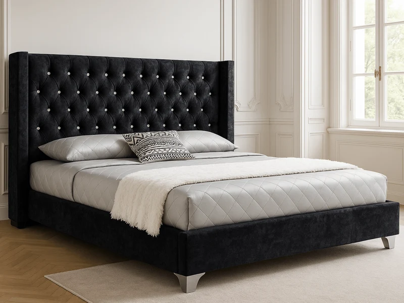 Lit Lillian en velours capitonné avec strass – Design élégant