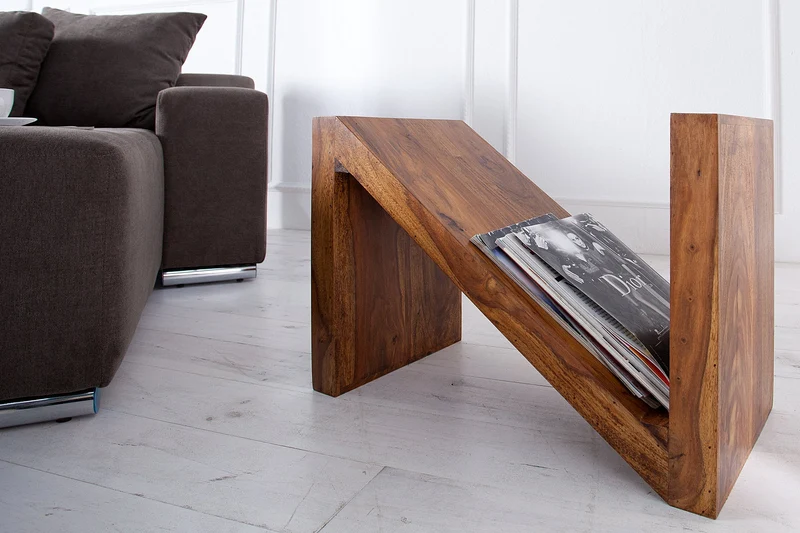Table d'appoint en bois massif Z 45 cm finition pierre de Sheesham marron grain unique