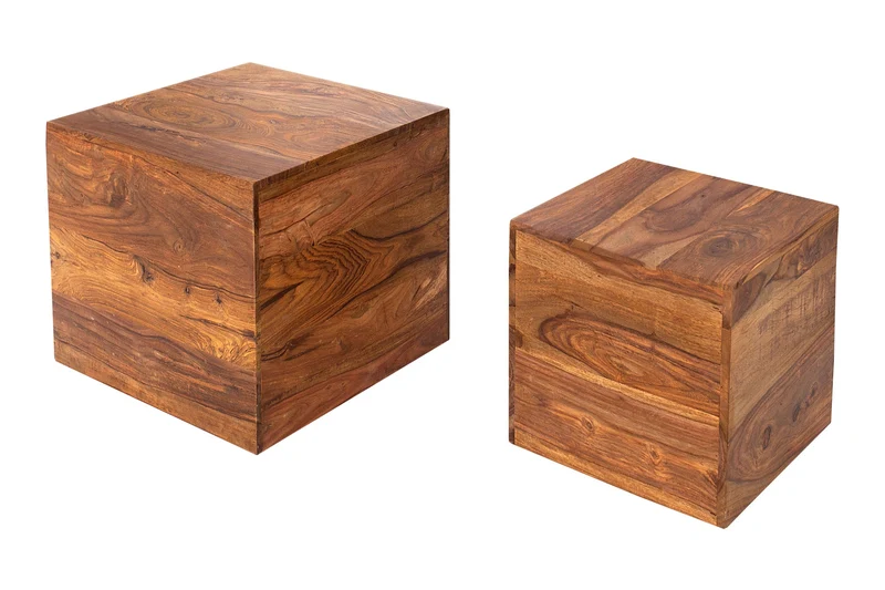 Lot de 2 tables d'appoint cube MAKASSAR 40cm bois massif de Sheesham marron finition pierre