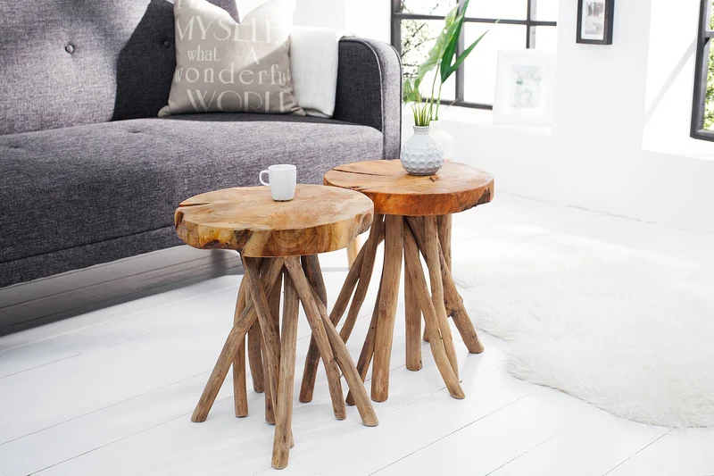 Lot de 2x Table d'appoint exclusive ROOT 30cm naturel teck bois massif tabouret bois de racine rond