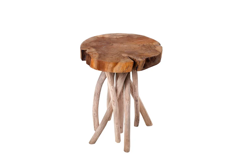 Lot de 2x Table d'appoint exclusive ROOT 30cm naturel teck bois massif tabouret bois de racine rond