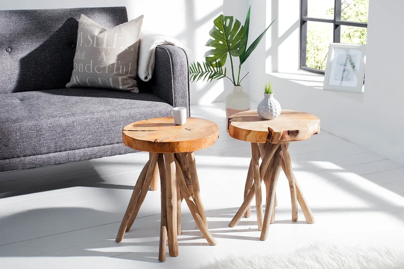 Lot de 2x Table d'appoint exclusive ROOT 30cm naturel teck bois massif tabouret bois de racine rond