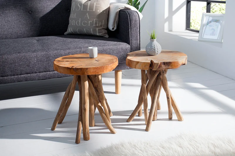 Lot de 2x Table d'appoint exclusive ROOT 30cm naturel teck bois massif tabouret bois de racine rond
